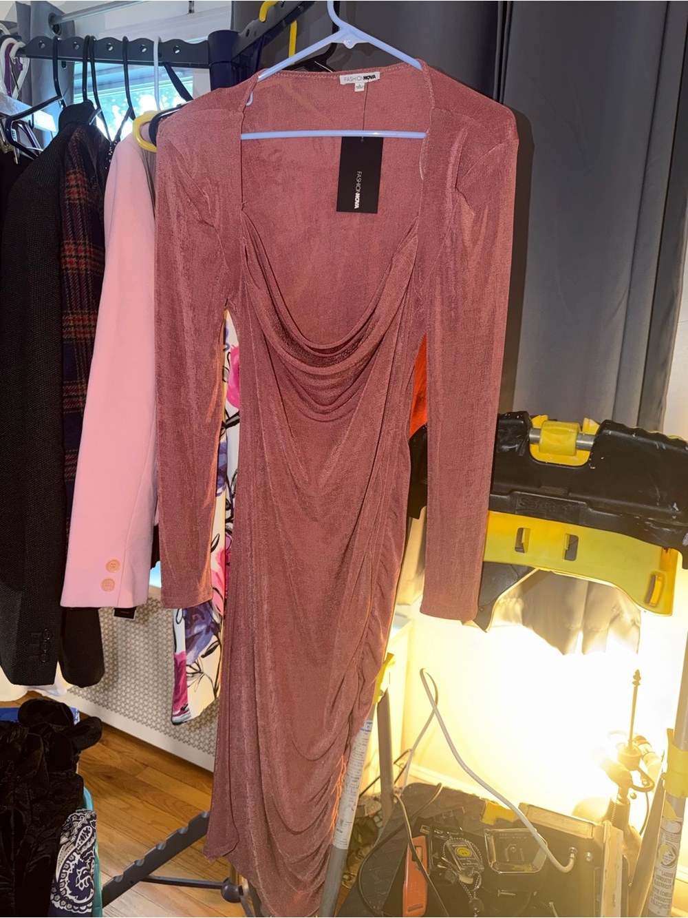 Fashion Nova Rosewood Draped Cowl Long-Sleeve Midi Dress